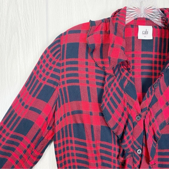 Cabi | Lodge Ruffle Red & Black Plaid Button Down Shirt Size XS - Picture 7 of 14